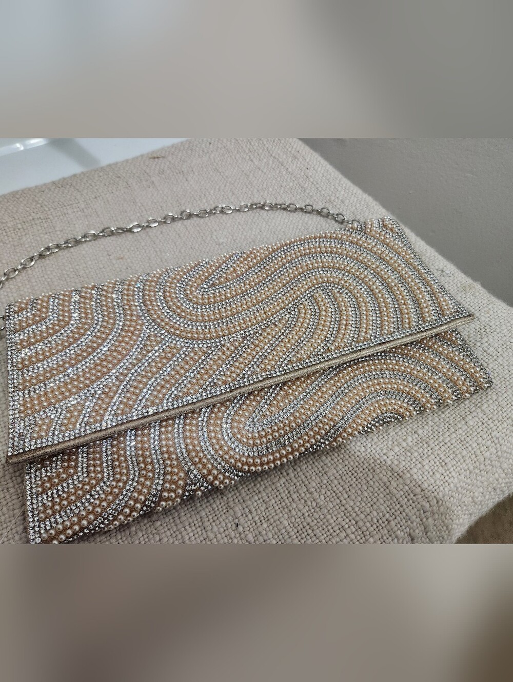 Pearl Embellished Clutch Bag in Champagne and Silver - Picture 3 of 10